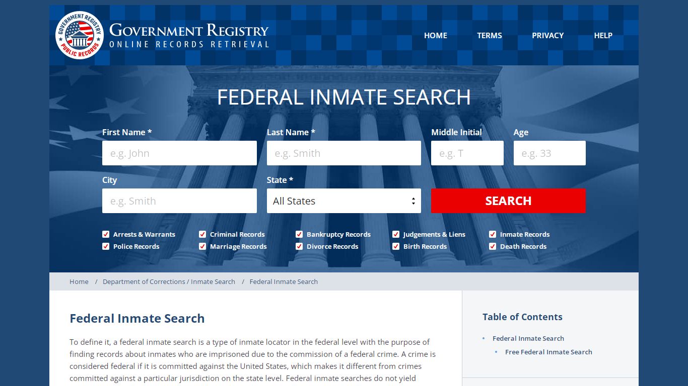 Federal Inmate Search | Search for Federal Inmates - GovernmentRegistry.Org
